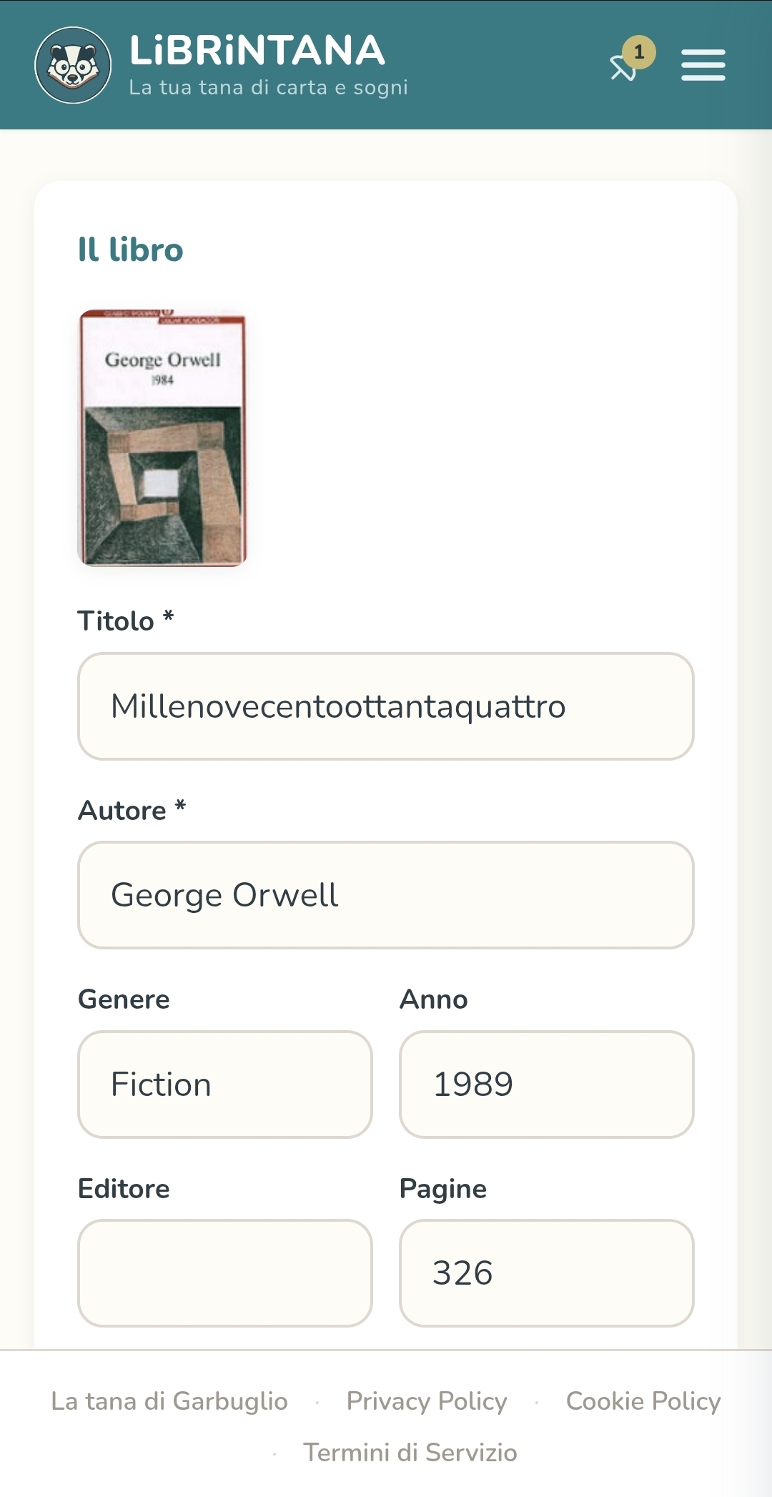 La scheda di un libro appena aggiunto con lo scanner del codice a barre